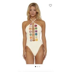 Isabella Rose High Neck Crochet One Piece Swimsuit Ivory Multicolor Floral L